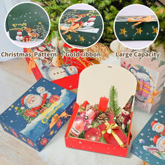12Pcs Christmas Boxes Gift Boxes with Lids, 27CM X 20CM X 8CM Christmas Kraft Paper Gift Box Snowman Santa Claus Penguin Elk Box with Gold Ribbon for Christma Party Present Packaging