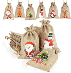 24Pcs Christmas Jute Burlap Bags, Xmas Jute Linen Burlap Drawstring Gift Candy Pouch Snack Sack Craft Goodie Bags for Kids Xmas Party Favors