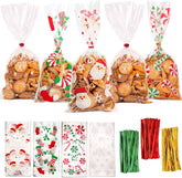 120 Pieces Christmas Cellophane Bags Xmas Gift/Goodies Treat Bags with 180 Pieces Twist Ties