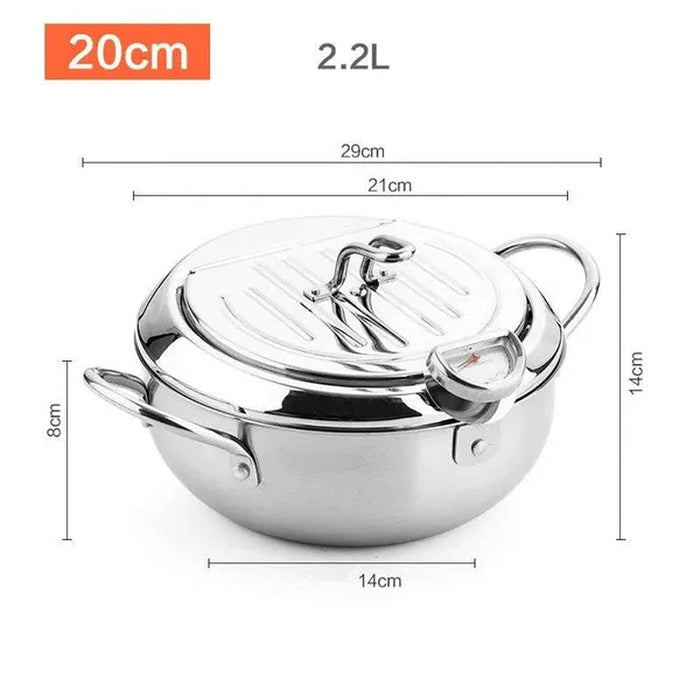 Japanese Style Deep Fryer Stainless Steel with Thermometer and Basket and Lid Kitchen Tempura Fry Pan Deep Fry Kitchenware