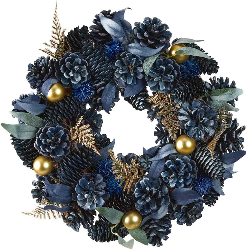 Christmas Wreath Blue Pine Cone Wreath with Gold Leaf & Bauble Decorations