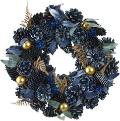Christmas Wreath Blue Pine Cone Wreath with Gold Leaf & Bauble Decorations