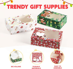 12 PCS Christmas Cookie Boxes for Gift Giving, 8.75" X 5.75" X 2.75" Bakery Treat Boxes Containers with Window for Xmas Holiday Birthday Party Pastries, Cupcakes, Brownies, Donuts, Baked Goods