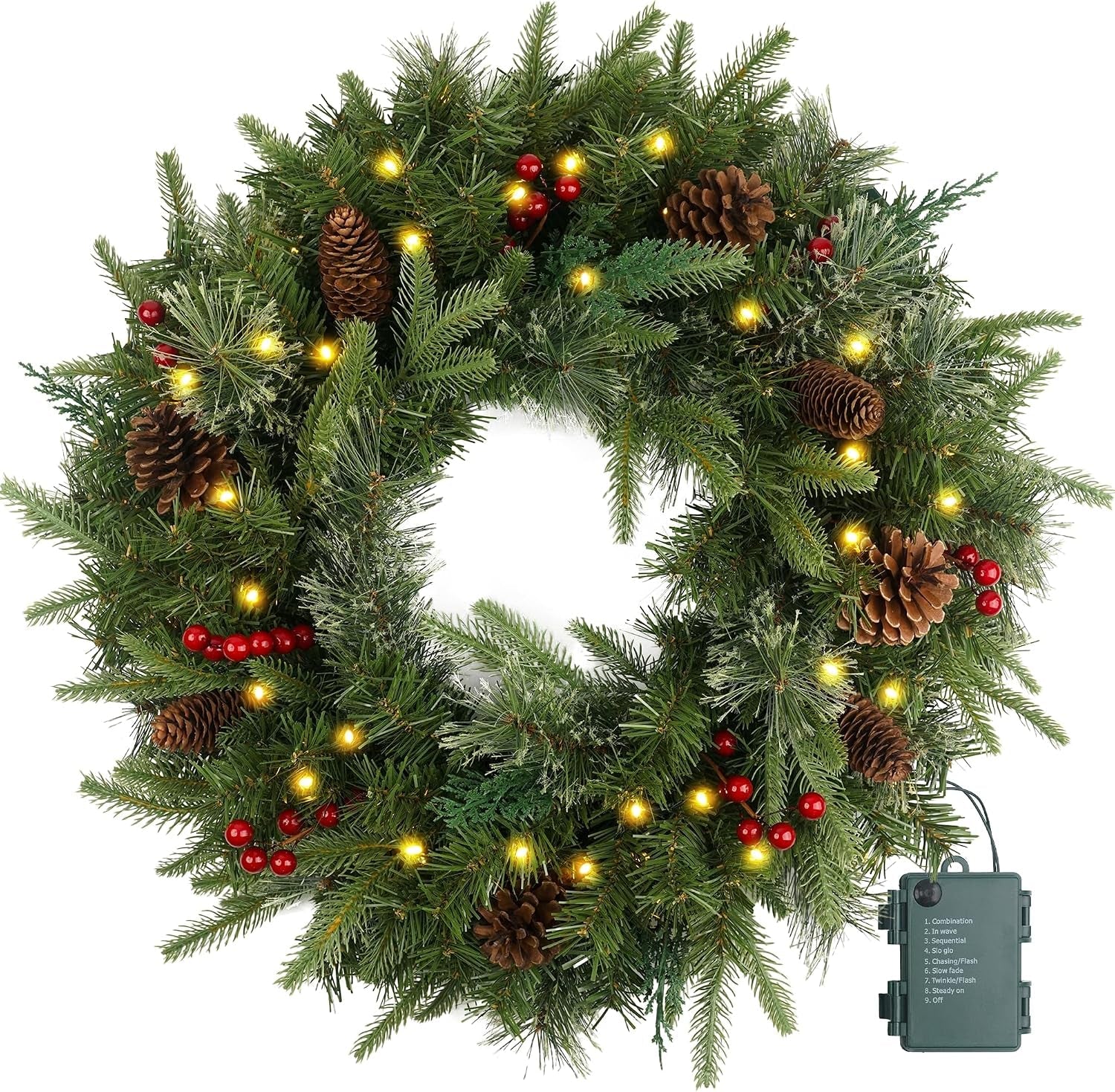 Christmas Wreath Pre-Lit 24 Inch with 50 Light & Pine Cone, Artificial Christmas Wreaths for Front Door with Lights, Wreath for Christmas Decoration Door Windows Wall Green