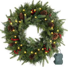 Christmas Wreath Pre-Lit 24 Inch with 50 Light & Pine Cone, Artificial Christmas Wreaths for Front Door with Lights, Wreath for Christmas Decoration Door Windows Wall Green