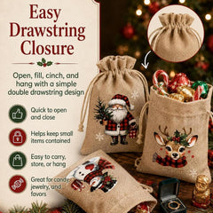 Christmas Drawstring Gift Bags-Santa & Reindeer Polyester Pouches,5Pc