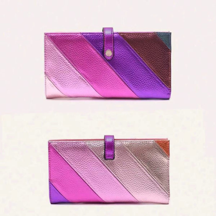 Women'S Fashion Elegant PU Leather Long Wallet Colorful Stripe Stitching Zipper Pocket Card Holder, Bifold