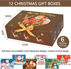 12Pcs Christmas Boxes Gift Boxes with Lids, 27CM X 20CM X 8CM Christmas Kraft Paper Gift Box Snowman Santa Claus Penguin Elk Box with Gold Ribbon for Christma Party Present Packaging