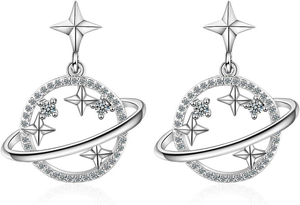 Women'S Celestial Outer Space Star Stud Earrings Micro Paved Cubic Zircon Crystal Saturn Planet Earrings