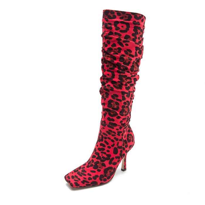 Leopard Print High-Heeled Boots Square Head Thin Heel Boots
