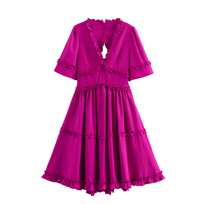 Sweet backless texture ruffle lace dress for women