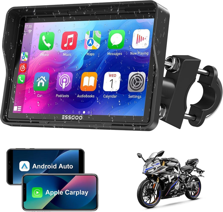 5" IPS Touchscreen Motorcycle Carplay, Waterproof GPS with Wireless Carplay & Android Auto, Helmet Bluetooth Music, Navigation, Siri Support, Easy Install & Detach
