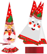 100 Pack Christmas Sweet Cone Bags, Clear Cellophane Candy Treat Bags with 100 Red Twist Ties, 16 X 30Cm/6.3 X 12 Inches, Christmas Occasion