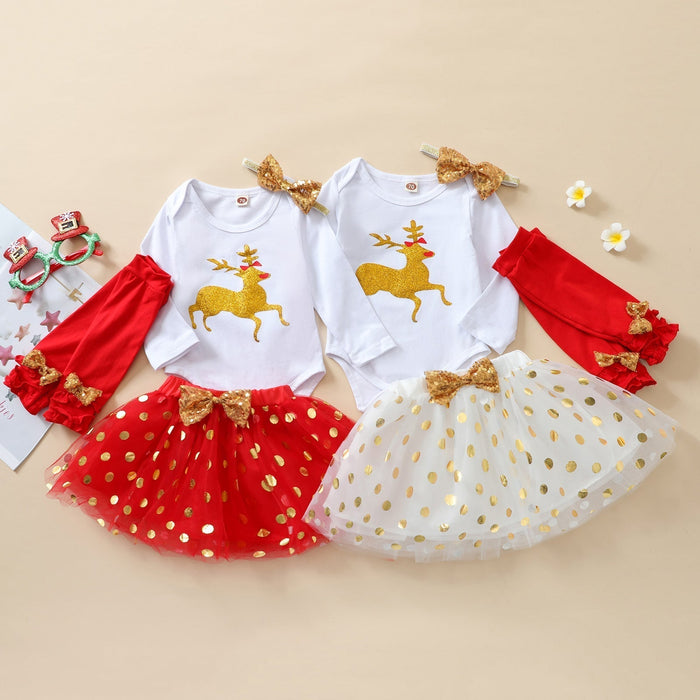 0-18M Newborn Infant Baby Girl 4Pcs Christmas Outfits Reindeer Long Sleeves Romper Tutu Skirt Leg Warmer Headband