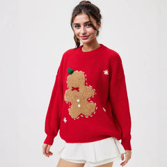 Red cartoon pattern sweater for women's Christmas