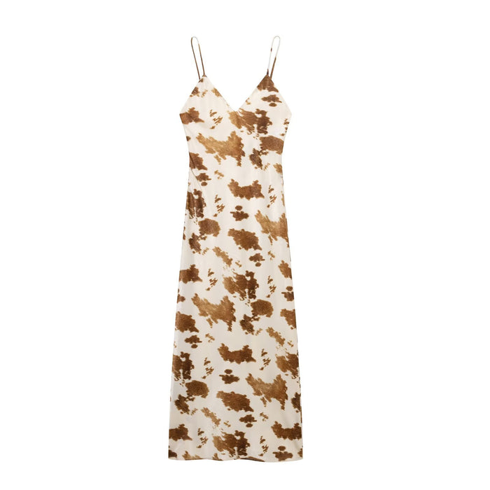 Tailored silk satin texture printed suspender dress