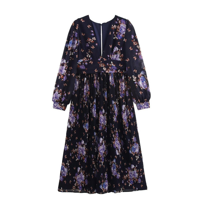 Summer V-neck loose chiffon printed pleated long dress for women
