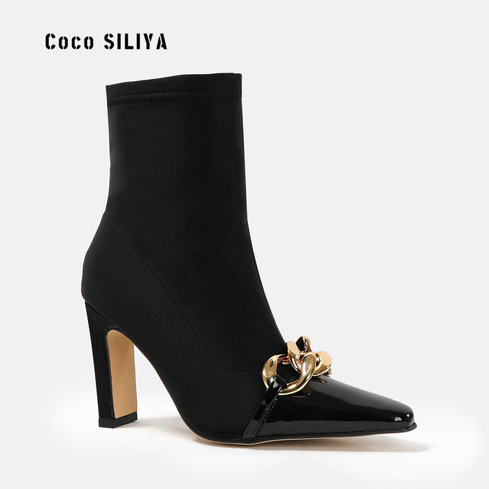New Short Boots Women's Pointed Toe High Heel Thick Heel