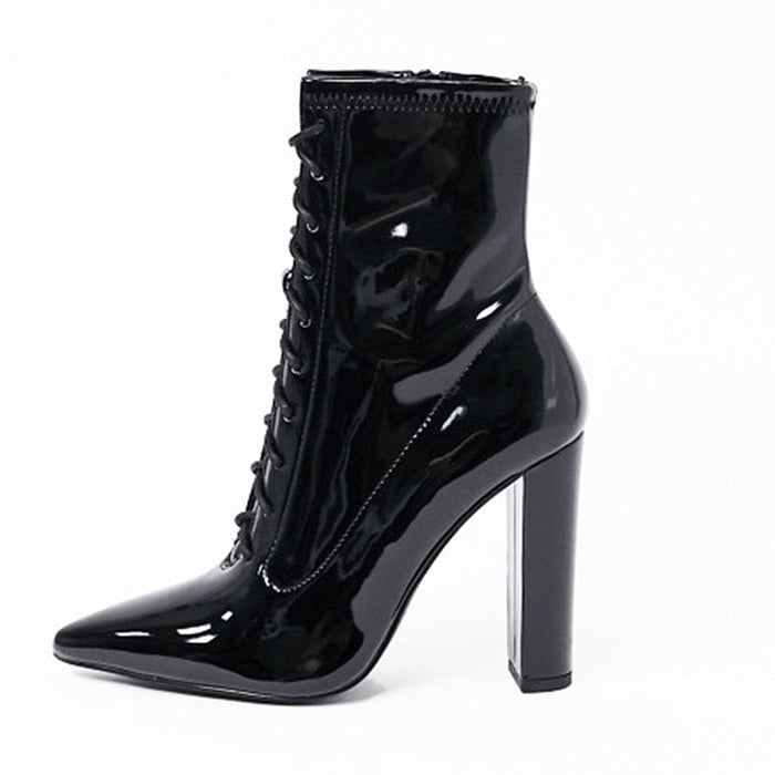Black Patent Leather Pointed Toe Thick High Heel Short Boots