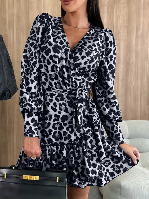 Women's long sleeved bubble sleeve V-neck lace up printed dress
