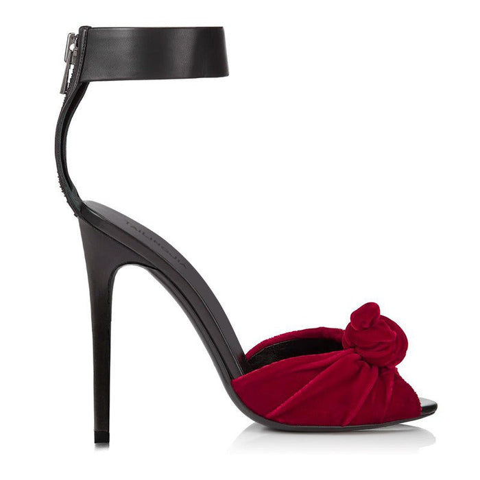 Womens Red Black Velvet Knotted High Heels Sandals