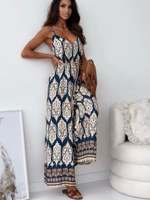 Bohemian V-neck leaf print backless hanging casual loose wide-leg jumpsuit