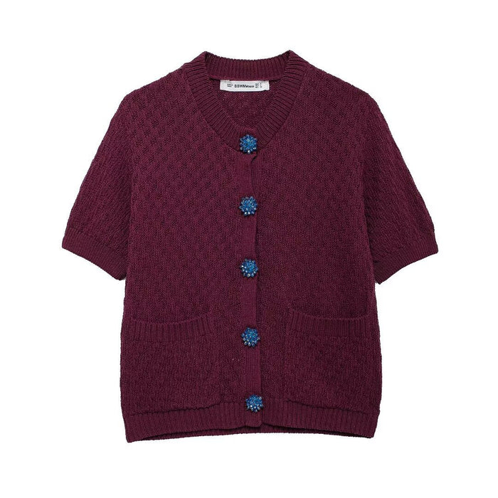 Autumn New Jewelry Knitted Short Sleeve Cardigan Top Women