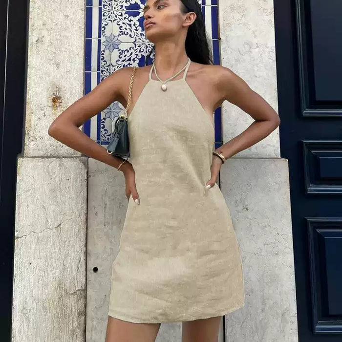 Solid color cotton and linen dress sexy backless