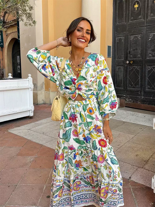 Bohemian holiday style V-neck printed loose casual dress