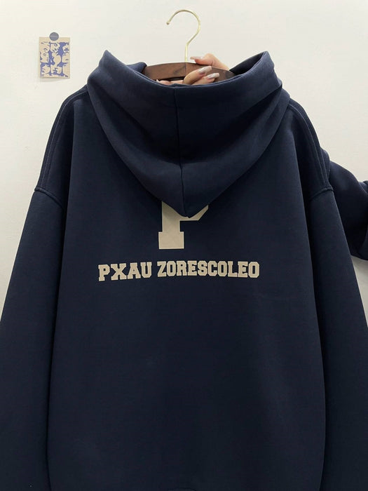 American Retro Navy Blue Hooded Sweater For Women