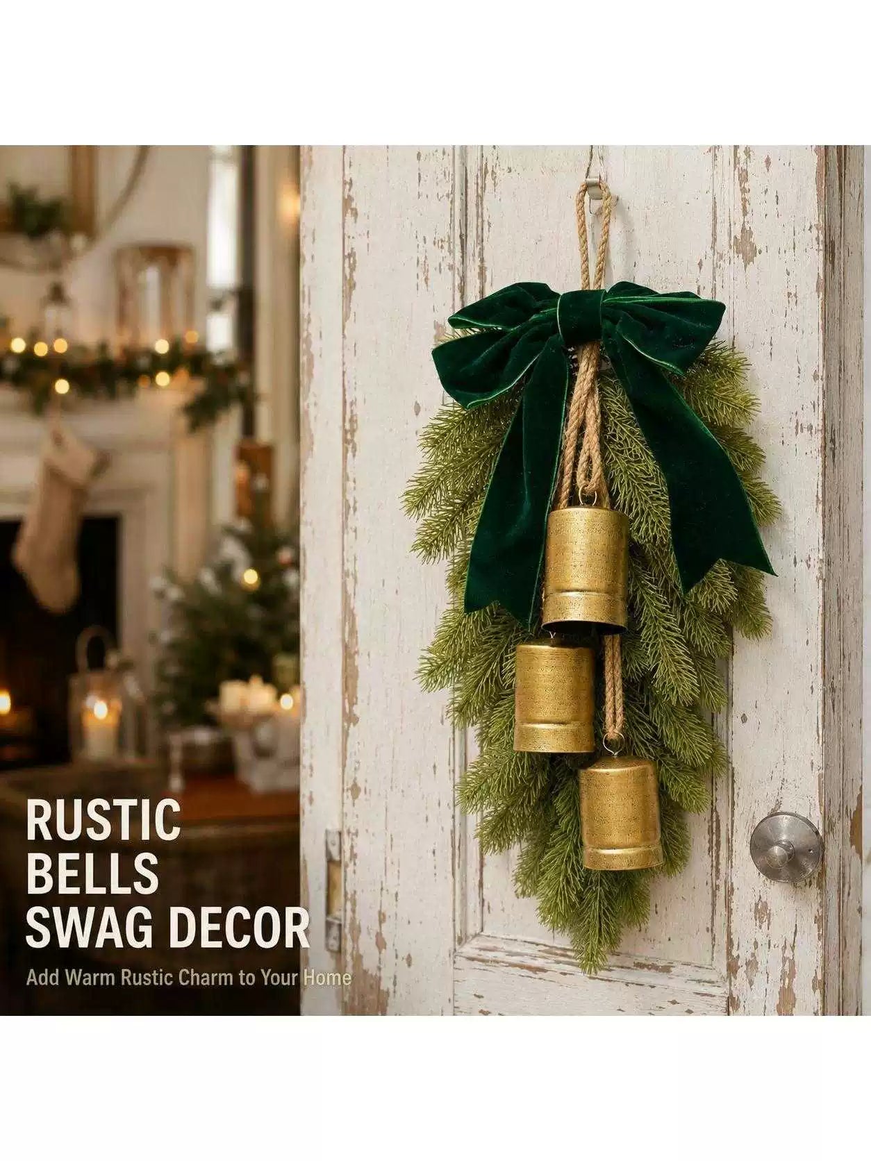 Christmas Door Hanging, Artificial Cedar Greenery and Vintage Metal Bells