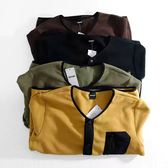 V-neck collarless polar fleece sweatshirt