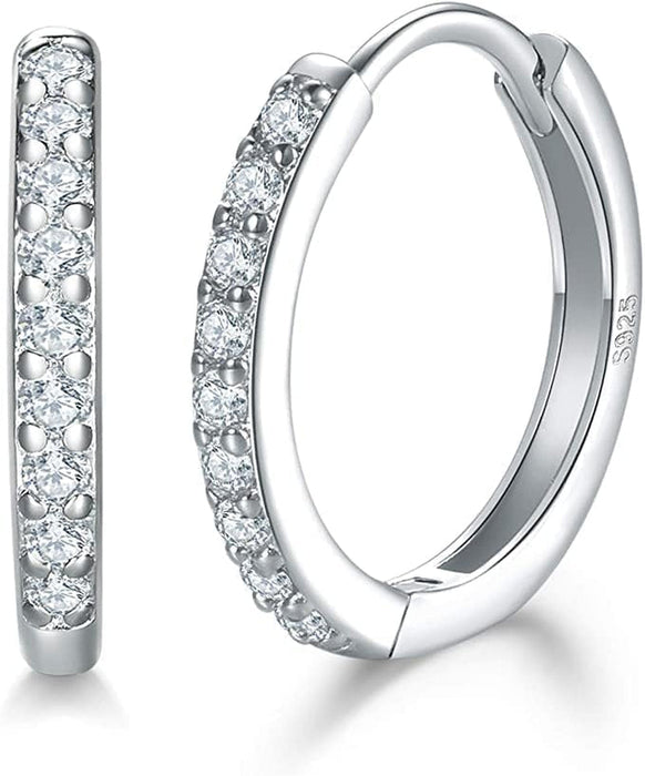 925 Sterling Silver Hoop Earrings,13Mm Hypoallergenic Huggie Small Hoop Earrings with AAA+ Cubic Zirconia for Women Girls, Sleepers Hoop Earrings (Silver) YS-034