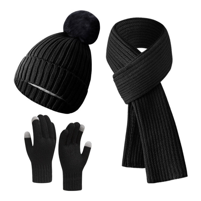 Solid Color Woven Hat Scarf And Gloves Warm Set