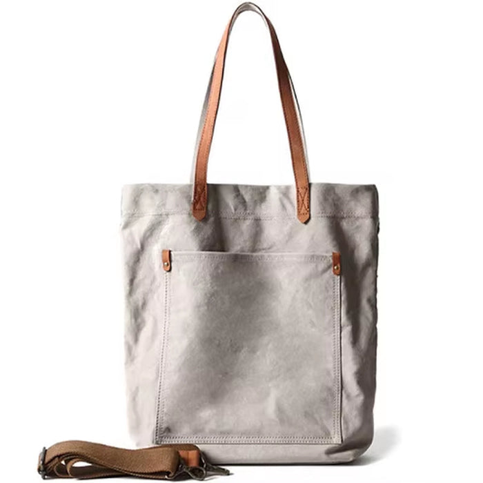 Men Retro Tote 16Oz Canvas Shoulder Bag with Top Layer Genuine Leather