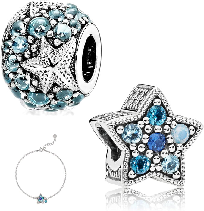 Silver Charms for Bracelets - Summer Ocean Sea Star Pendant with DIY Cube Zirconia Beads, Fashion Jewelry Suitable for Pandora Bracelet Making, DIY Gifts for Women and Girls 2PCS