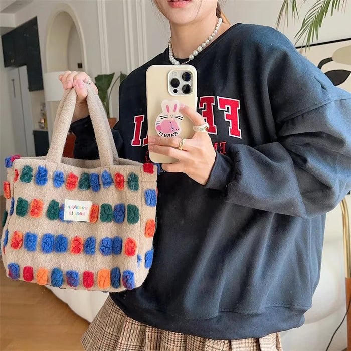 Color Plush Dots Women'S Bento Handbags Retro Design Female Fluffy Bucket Bags Large Capacity Shoulder Bag Purse Casual Tote