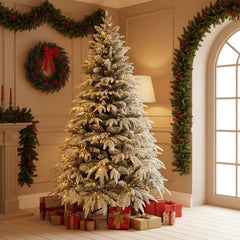 7Ft/2.1M Pre-Lit Artificial Christmas Tree Lapland Fir - 320 LED Warm White Lights, Snow Flocked 1205 PE/PVC Tips, Snowy Bushy Hinged Branches, Metal Stand for Xmas Home Decorations