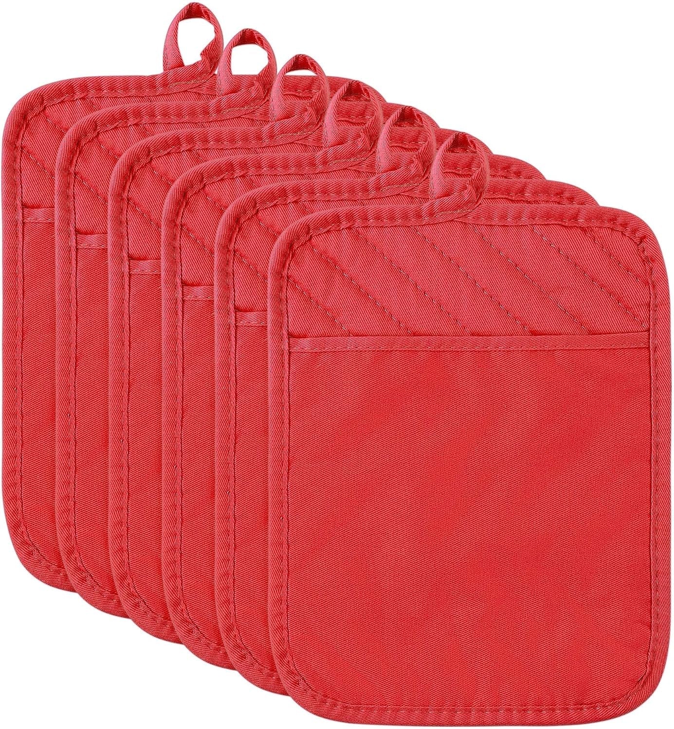 R HORSE 6Pcs Christmas Red Pot Holders with Pocket for Kitchen Cotton