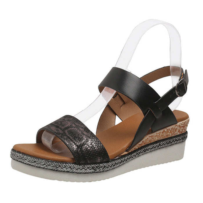 Spring And Summer New Wedge Round Toe Wide Strap Sandals For Women
