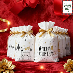 50 PCS Small Christmas Bags with Drawstring, Reusable Xmas Drawstring Gift Packaging Bags for Sweets, Cookies, and Treats, for Christmas, Parties, and Gift Wrapping Biscuits and Chocolates