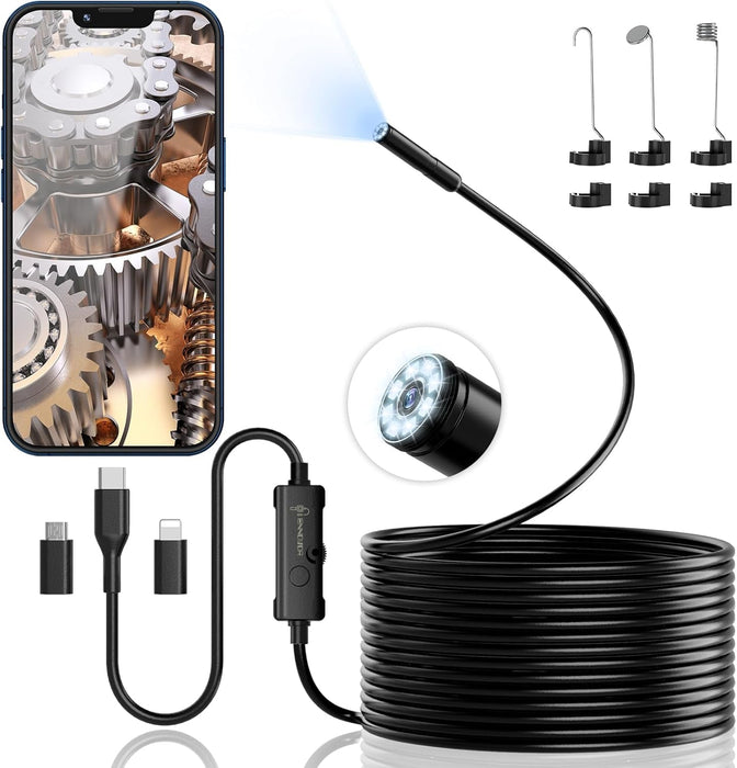 Endoscope Inspection Camera, 1920 HD Flexible Rigid Snake Camera, 8 LED Lights No Wifi Snake Camera Waterproof IP67 Tube Sink Pipe Drain Camera for Android Ios Tablet Samsung (16.4 Ft/ 5M)