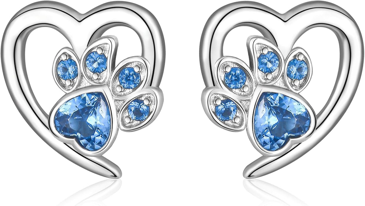 Silver Stud Earrings for Women - 925 Sterling Silver Cute Puppy Dog Cat Paw Print Stud Earrings | Lovely Crystal CZ Endless Love Heart Earring Studs Jewellery Gift for Pet Lovers Girls Kids, Gift Box