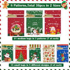 Christmas Drawstring Bags Set - 36 PCS Assorted Xmas Gift Bags in Multipack, Variety of Sizes & Patterns for Christmas Presents & Party