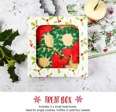 Christmas Cake Boxes with Holly Print - Recyclable Paper Packaging Boxes for Festive Baking, Gifting, Cookies, Brownies & Small Treats - 3-Pack, 3.8 X 11.4 X 11.4Cm