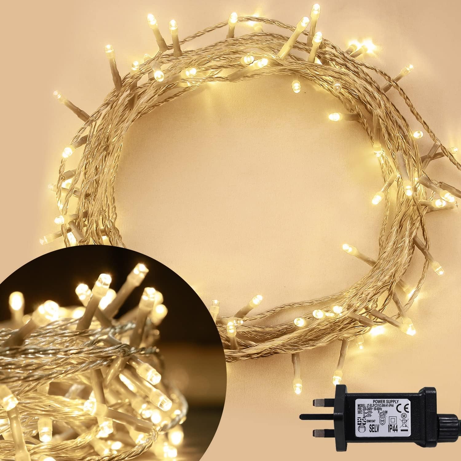 Christmas Lights 100 LED 10M, Warm White, Mains Powered Clear Cable