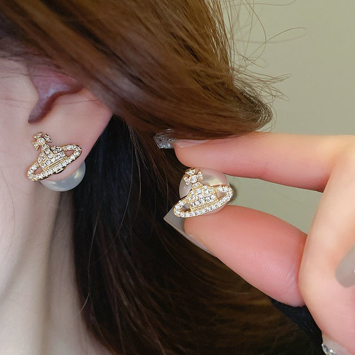Silver needle zircon Saturn pearl earrings