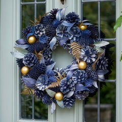 Christmas Wreath Blue Pine Cone Wreath with Gold Leaf & Bauble Decorations