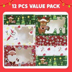 12 PCS Christmas Cookie Boxes for Gift Giving, 8.75" X 5.75" X 2.75" Bakery Treat Boxes Containers with Window for Xmas Holiday Birthday Party Pastries, Cupcakes, Brownies, Donuts, Baked Goods