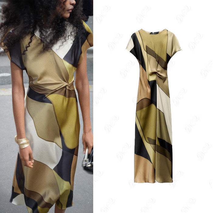 Summer New Style Temperament Slim-fit Short-Sleeved Knotted Silk Satin Texture Printed Fan Flute Dress 2454163